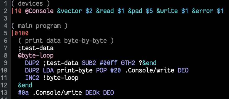 screenshot of some dark-mode themed, syntax highlighted uxntal code